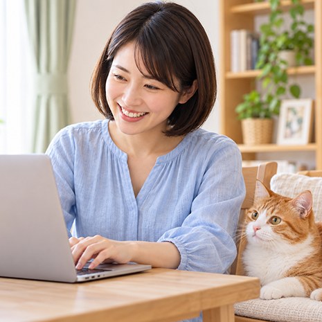 猫と一緒にパソコンで無料登録する女性