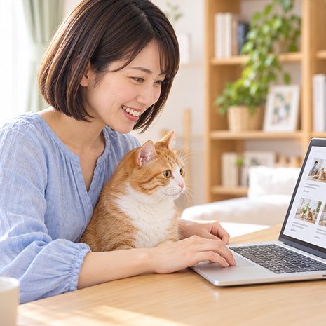 猫と一緒にサロンを探す女性