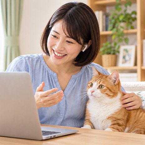 猫と一緒にオンラインで会話を楽しむ女性