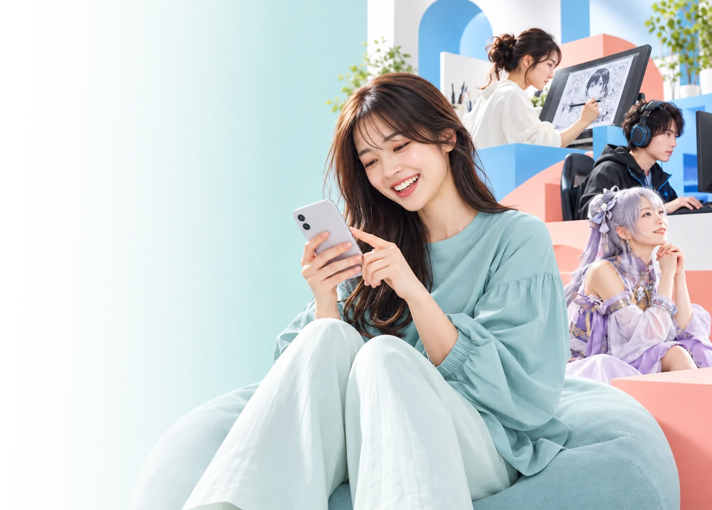 スマホで推しの投稿を楽しむ女性とクリエイターたち