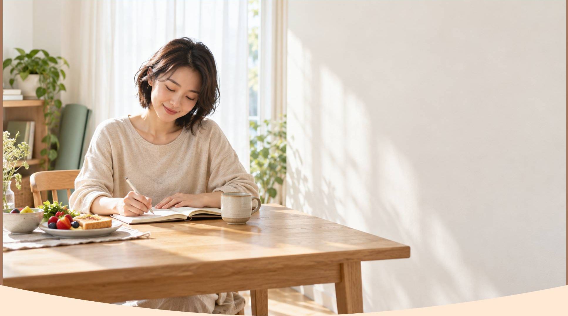 木の食卓でノートを書く女性