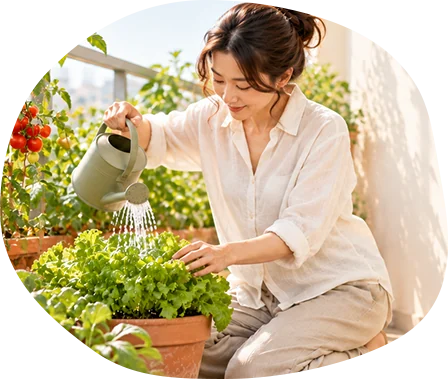 ベランダ菜園に水をやる女性
